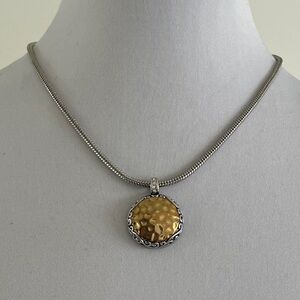 NECKLACE Hammered Gold Tone Circle Pendant Silver Tone Heavy Snake Chain Elegant